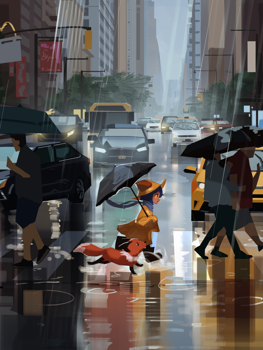1girl 1other 2boys absurdres androgynous animal black_car black_umbrella blue_car blue_hair blue_scarf bob_cut boots building bus car child city commentary crosswalk english_commentary faceless faceless_female faceless_male fox from_side grey_umbrella hat highres holding holding_umbrella motor_vehicle multiple_boys niko_(oneshot) oneshot_(game) other_focus outdoors profile rain raincoat red_car reflection reflective_water running scarf shadches72 shoes sleeves_past_wrists traffic transit_bus umbrella walking water white_car yellow_hat yellow_raincoat