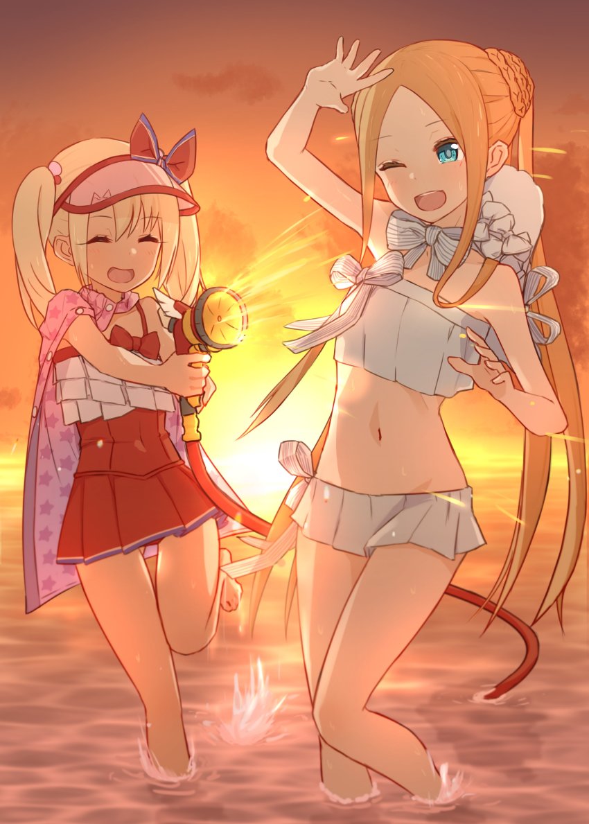 2girls abigail_williams_(fate) abigail_williams_(swimsuit_foreigner)_(fate) abigail_williams_(swimsuit_foreigner)_(third_ascension)_(fate) absurdres bare_shoulders beach bikini blonde_hair blue_eyes blush bonnet bow breasts cape closed_eyes covered_navel dress_swimsuit fate/grand_order fate_(series) forehead highres hose hose_nozzle illyasviel_von_einzbern illyasviel_von_einzbern_(swimsuit_archer) illyasviel_von_einzbern_(swimsuit_archer)_(second_ascension) inflatable_armbands kopaka_(karda_nui) long_hair magical_ruby magical_ruby_(hose) miniskirt multiple_girls navel ocean one-piece_swimsuit one_eye_closed open_mouth orange_sky parted_bangs red_bow red_headwear red_one-piece_swimsuit shore sidelocks skirt sky small_breasts smile star_(symbol) star_print sunset swimsuit thighs twintails very_long_hair visor_cap white_bikini white_hair white_headwear