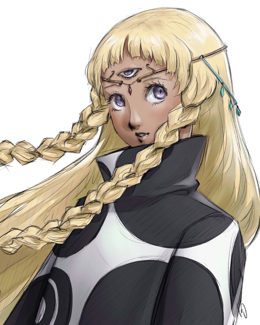 1girl absurdres blonde_hair braid circlet commentary dark-skinned_female dark_skin english_commentary eupha_(metaphor:_refantazio) floating_hair highres jewelry long_hair looking_at_viewer metaphor:_refantazio parted_lips poncho purple_eyes signature simple_background soejima_shigenori_(style) solo third_eye twin_braids white_background xeeoh