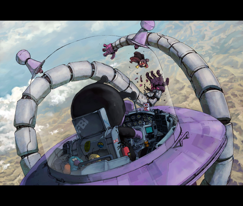 2boys anpanman anpanman_(character) baikinman broken driving earth_(planet) flying from_behind highres letterboxed mechanical_arms multiple_boys neo_geo oono_tsutomu planet single_mechanical_arm sweatdrop ufo