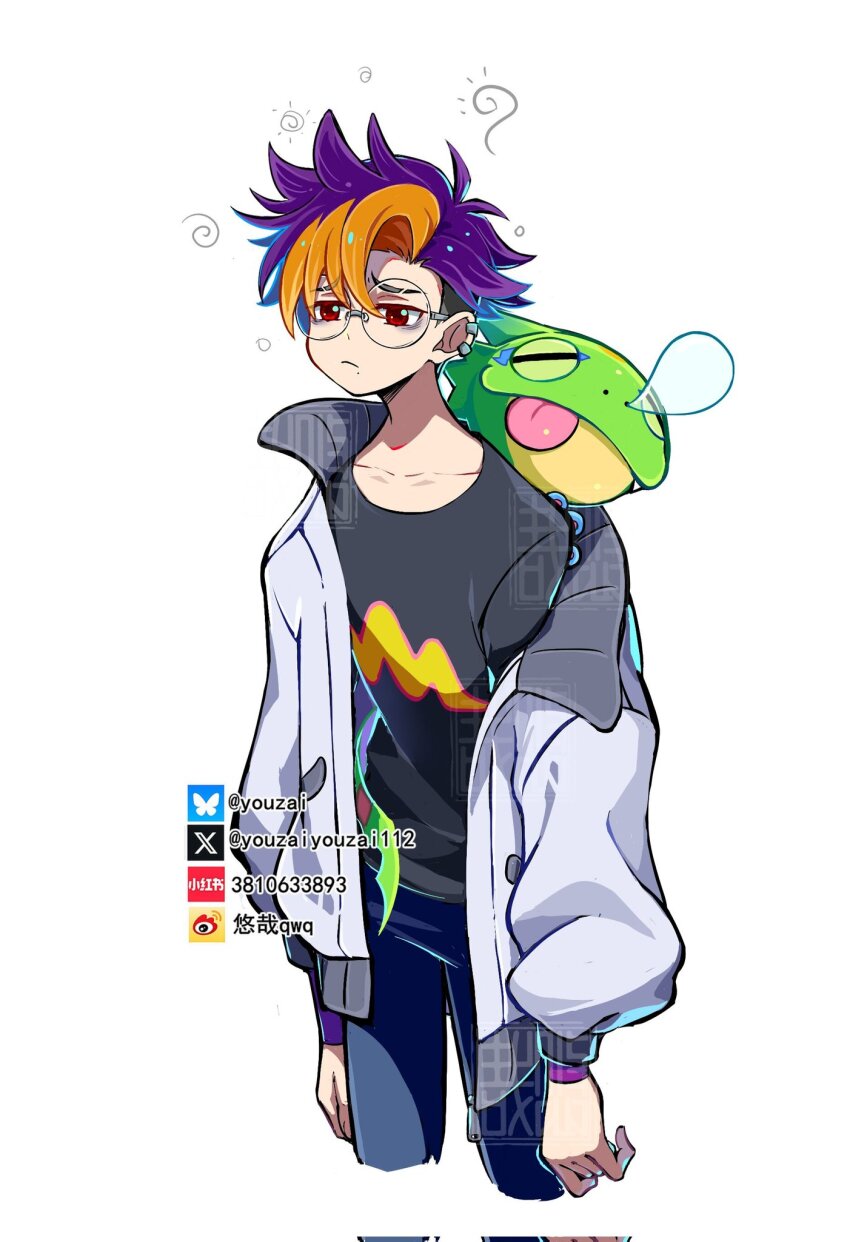 1boy animal animal_on_shoulder black_shirt blonde_hair blue_hair blue_pants closed_eyes cowboy_shot digimon digimon_(creature) digimon_beatbreak gecko gekkomon glasses highres jacket male_focus multicolored_hair one_eye_closed pants red_eyes round_eyewear shirt short_hair sleeping sleepy smile tenma_tomoro tongue tongue_out two-tone_hair white_jacket youzaiyouzai112