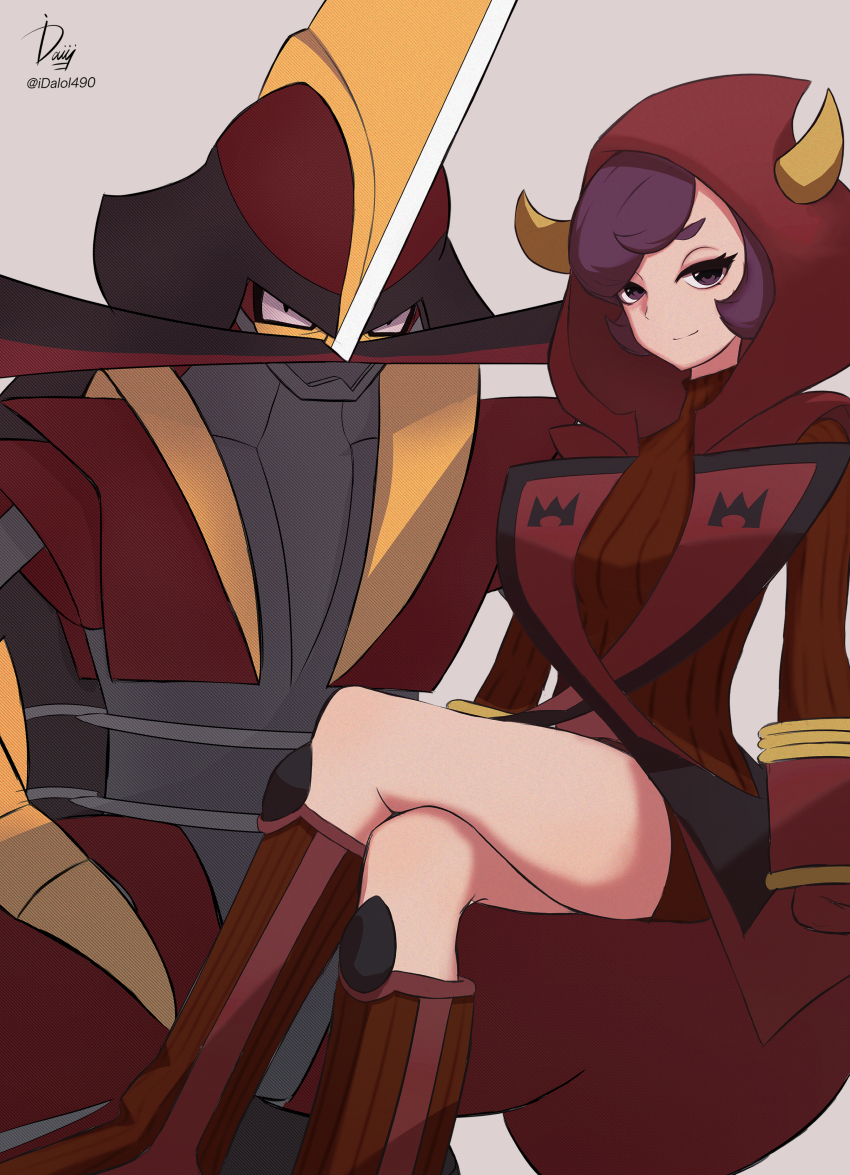 1girl absurdres boots courtney_(pokemon) fake_horns gloves highres hood hooded_vest hoodie horned_hood horns ida_(idalol490) kingambit long_sleeves looking_at_viewer nintendo pokemon pokemon_(creature) pokemon_oras purple_eyes purple_hair red_gloves red_sweater ribbed_sweater short_hair sitting smile sweater thigh_boots twitter_username vest