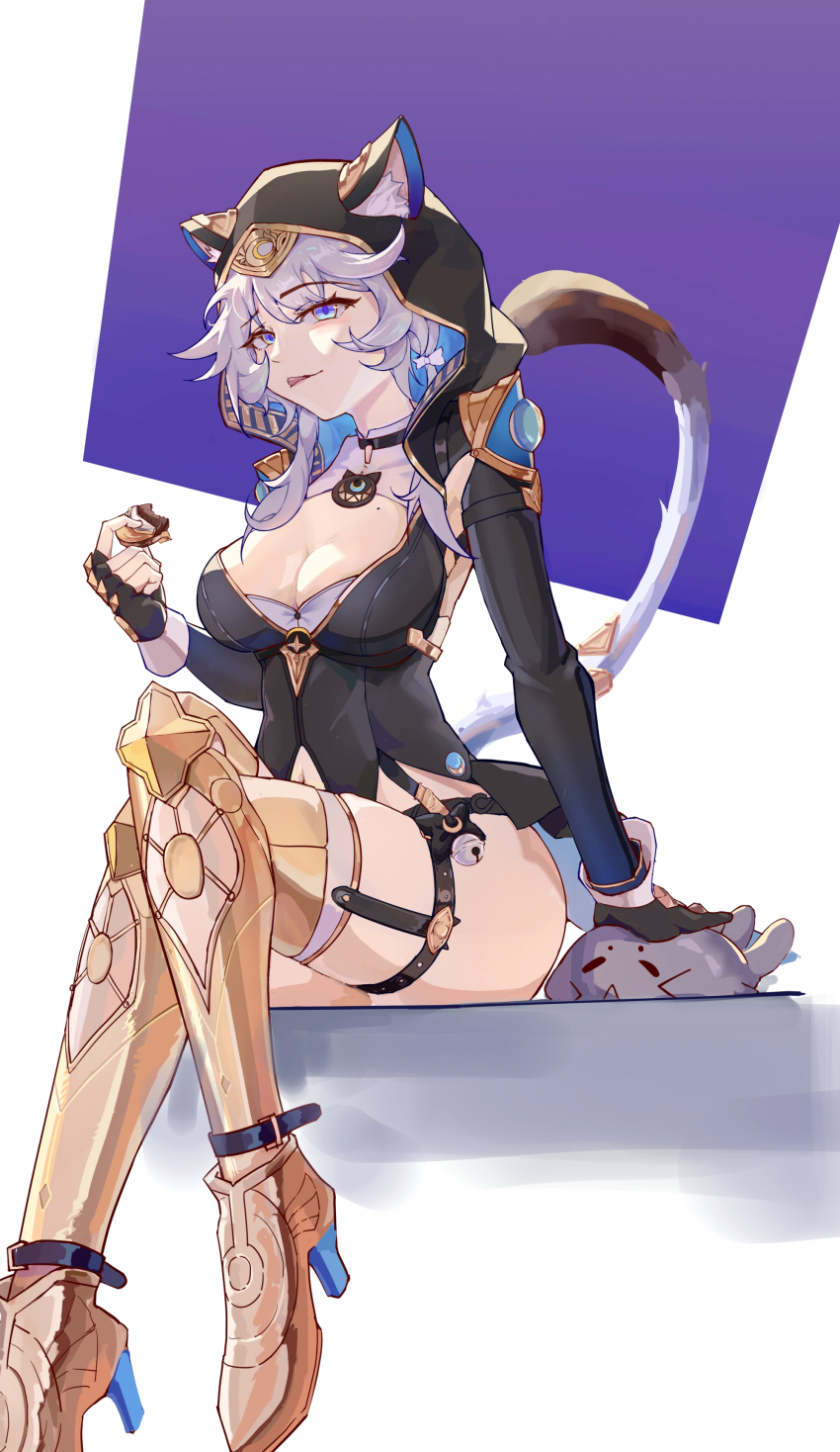 1girl :p absurdres animal_ear_fluff animal_ears bell black_gloves blue_eyes breasts cat_ears cipher_(honkai:_star_rail) cleavage fingerless_gloves gloves grey_hair high_heels highres holding honkai:_star_rail honkai_(series) hood jingle_bell long_hair long_sleeves medium_breasts sitting smile solo sumi_momo thigh_strap thighhighs thighs tongue tongue_out white_background