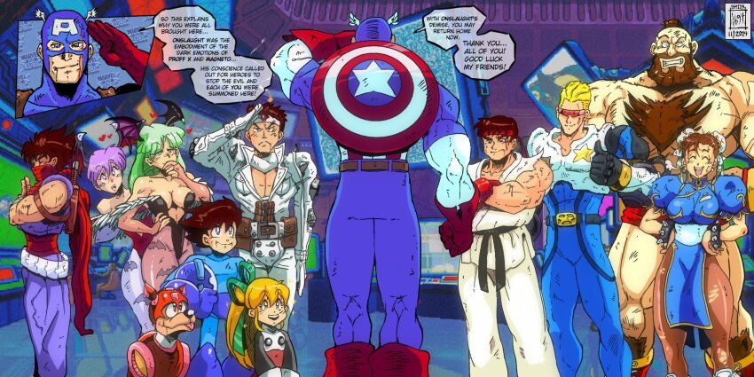 4girls 6+boys animal_print arm_cannon bat_print bat_wings beard belt blonde_hair blue_eyes boots bracelet breasts bridal_gauntlets brown_hair bun_cover capcom captain_america captain_commando chest_hair china_dress chinese_clothes chun-li cleavage crossed_arms crossover cyberbots darkstalkers demon_girl double_bun dougi dress english_text everyone facial_hair fingerless_gloves gloves green_eyes green_hair grin hair_bun hair_ribbon hand_on_own_hip head_wings headband height_difference helmet highres ishida1694 jewelry large_breasts leotard lilith_(darkstalkers) long_hair marvel marvel_vs._capcom mask medium_breasts mega_man_(character) mega_man_(series) morrigan_aensland multiple_boys multiple_crossover multiple_girls muscular muscular_male mustache open_mouth pantyhose pelvic_curtain pointing ponytail purple_hair red_gloves ribbon roll_(mega_man) ryu_(street_fighter) salute saotome_jin sash scar scar_on_face shield short_hair smile speech_bubble spiked_bracelet spikes standing street_fighter strider_(video_game) strider_hiryuu sweatdrop thumbs_up torn_clothes weapon wings zangief