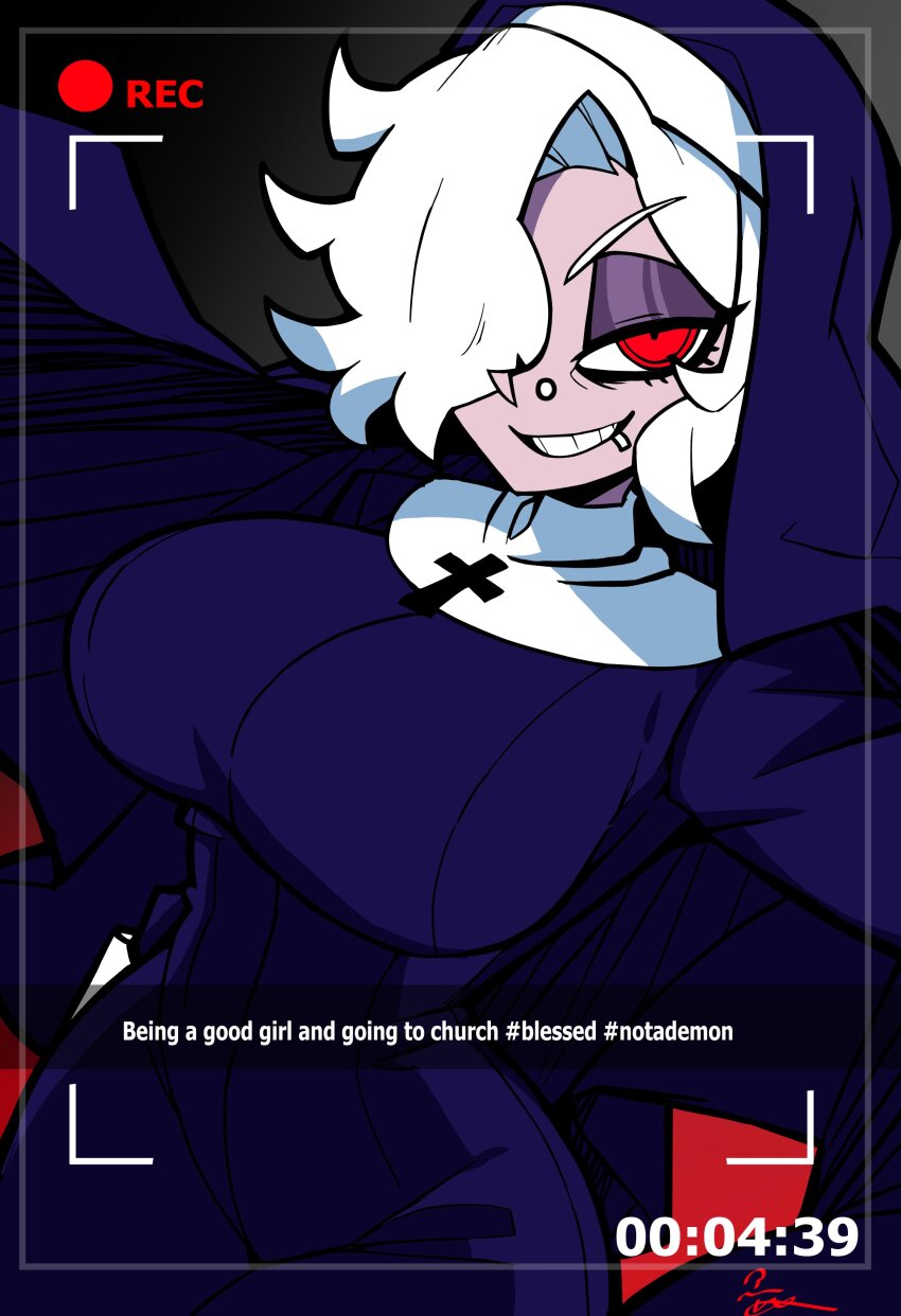 1girl absurdres black_dress breasts commentary_request demon_girl dress english_text eyeshadow habit hair_over_one_eye helltaker highres horns large_breasts lip_piercing looking_at_viewer makeup nose_piercing nun piercing purple_eyeshadow recording red_eyes solo thieviusa traditional_nun white_hair zdrada_(helltaker)