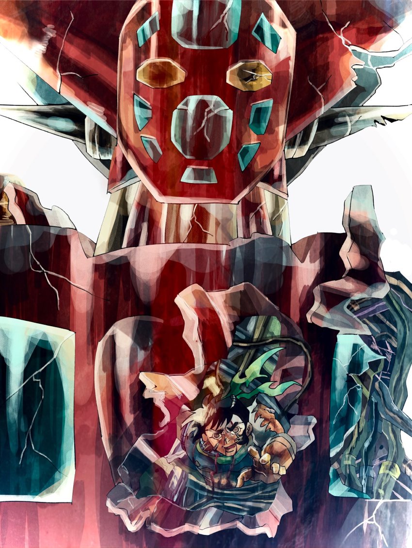 1boy black_hair blood blood_from_mouth cable damaged getter-1 getter_robo getter_robo_(classic) green_scarf grey_eyes hair_behind_ear highres male_focus mecha musashi_tomoe open_hand reaching reaching_towards_viewer robot scarf slllle1 spoilers super_robot upper_body white_background yellow_eyes