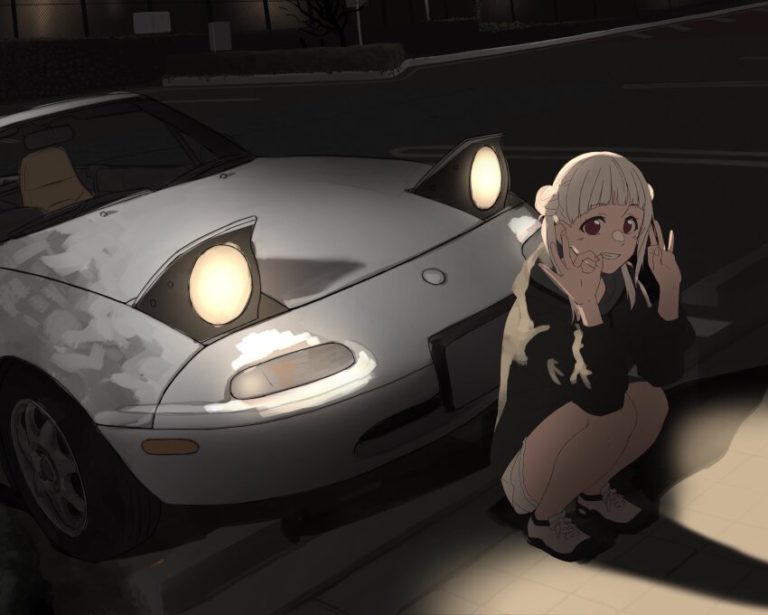 1girl absurdres arashi_chisato black_hoodie brown_shorts car commentary commentary_request double_bun double_ok_sign eunos_roadster hair_bun highres hood hoodie long_sleeves looking_at_viewer love_live! love_live!_superstar!! mazda mazda_mx-5 mazda_mx-5_na motor_vehicle night ok_sign outdoors parking_lot red_eyes s_sho_mkrn shoes shorts smile solo squatting twintails white_hair white_shoes