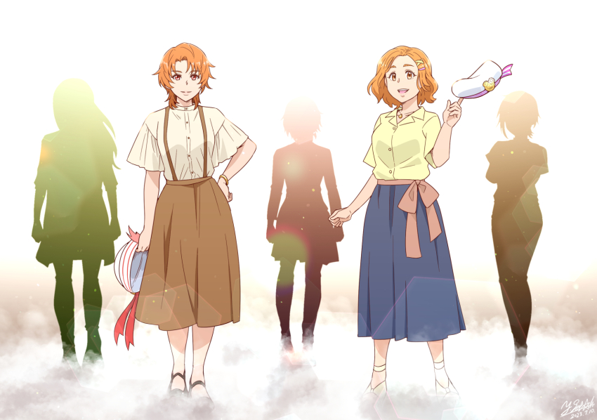 2girls 3others artist_name black_footwear blue_skirt bracelet brown_skirt closed_mouth collared_shirt commentary dated fox futari_wa_precure_splash_star hair_ornament hairclip hand_on_own_hip hat highres holding holding_unworn_clothes holding_unworn_hat hyuuga_saki jewelry kibou_no_chikara_otona_precure_&#039;23 long_hair long_skirt looking_at_viewer medium_hair multiple_girls multiple_others natsuki_rin necklace open_mouth orange_eyes orange_hair pink_sash precure red_eyes red_hair sash satou_yasu shirt shoes short_hair short_sleeves signature silhouette skirt smile standing unworn_hat unworn_headwear white_footwear white_shirt yellow_shirt yes!_precure_5