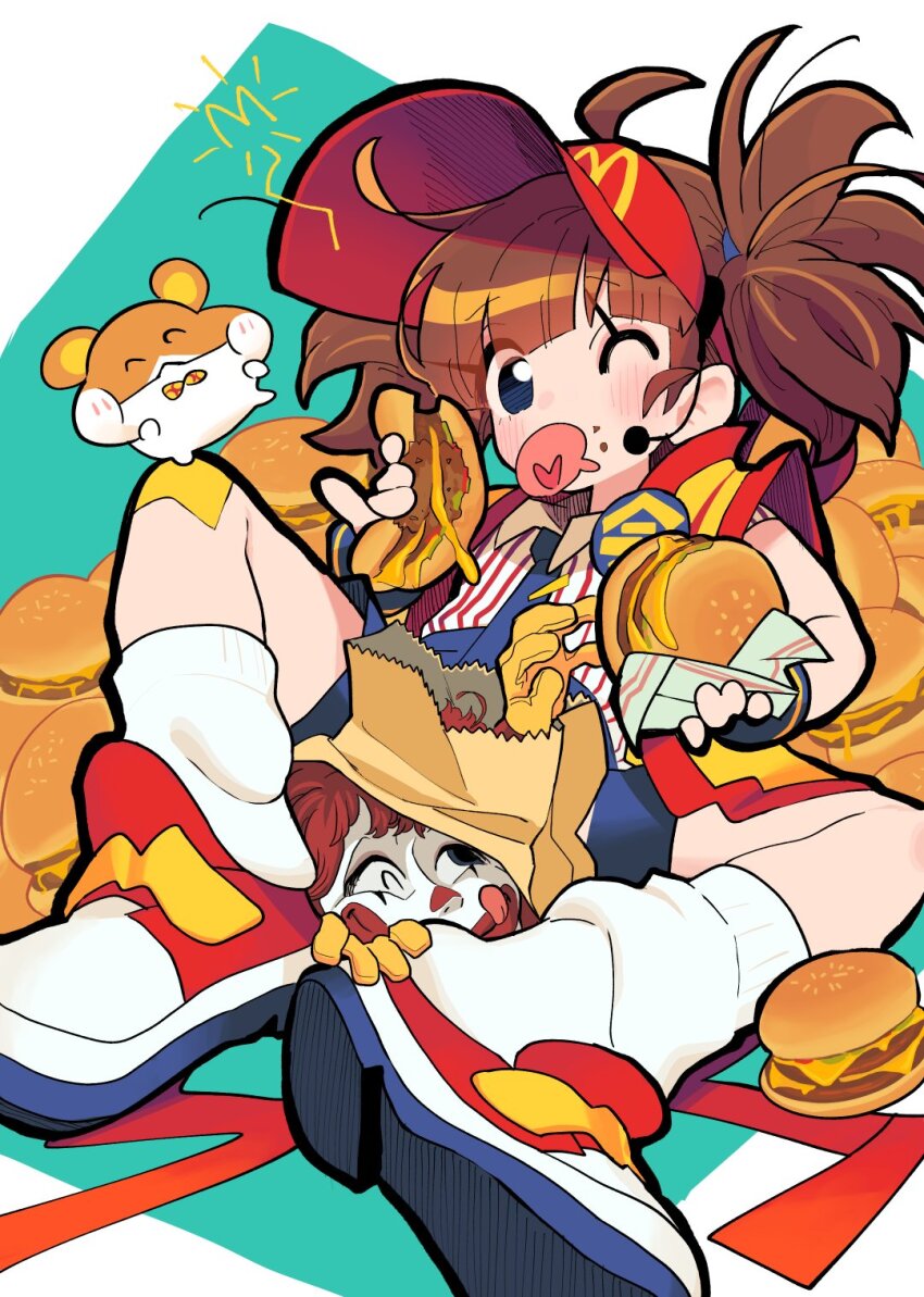 1boy 1girl 1other ;p ahoge badge bag black_eyes blue_eyes blue_necktie blush bow bowtie brown_hair burger button_badge clown clown_boy commentary employee_uniform facepaint fast_food_uniform food gashi-gashi gloves green_background hamster happi heart highres holding holding_burger holding_food imadake_dabuchi_tabemi japanese_clothes kneehighs looking_at_viewer mcdonald&#039;s necktie one_eye_closed open_happi paper_bag pinstripe_pattern pinstripe_shirt red_hair ronald_mcdonald shirt short_hair sitting socks spoken_heart tie_clip tongue tongue_out twintails two-tone_background velcro_footwear visor_cap white_background yellow_gloves yellow_happi
