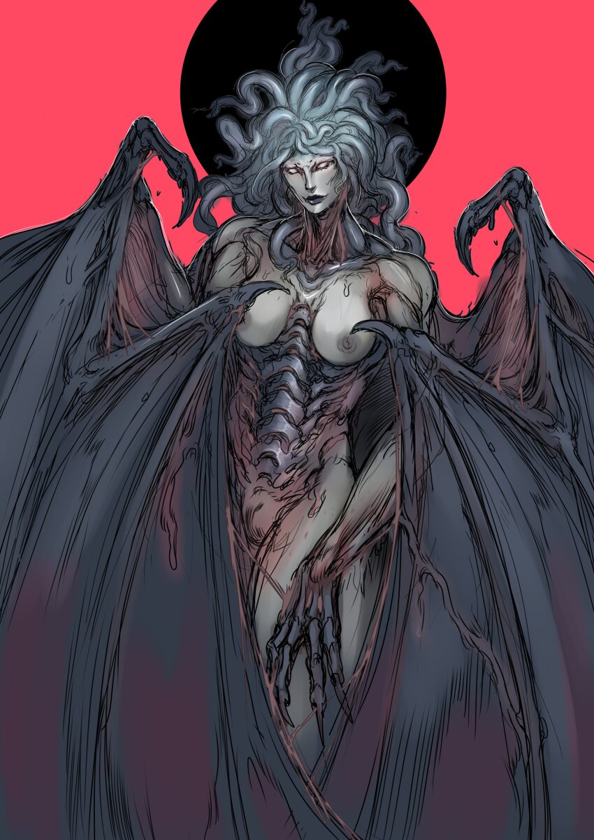 1girl absurdres berserk black_corset breasts corset demon_girl demon_wings highres large_breasts looking_at_viewer medium_hair monster_girl nipples nude slan_(berserk) solo tentacle_hair unfinished wings witnesstheabsurd