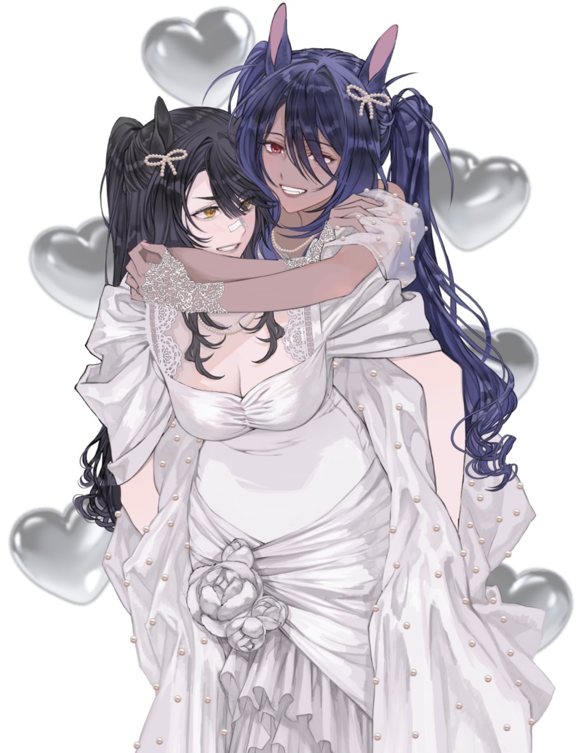 2girls animal_ears arms_around_neck balloon bandaid bandaid_on_face bandaid_on_nose black_hair blue_dress blue_hair breasts carrying cleavage dress ear_ornament eye_contact feet_out_of_frame gloves grin half_gloves heart_balloon highres hishi_amazon_(umamusume) horse_ears jewelry lace lace_gloves long_hair looking_at_another multiple_girls narita_brian_(umamusume) necklace ni_kogori piggyback red_eyes short_sleeves small_breasts smile twintails umamusume white_background yellow_eyes yuri