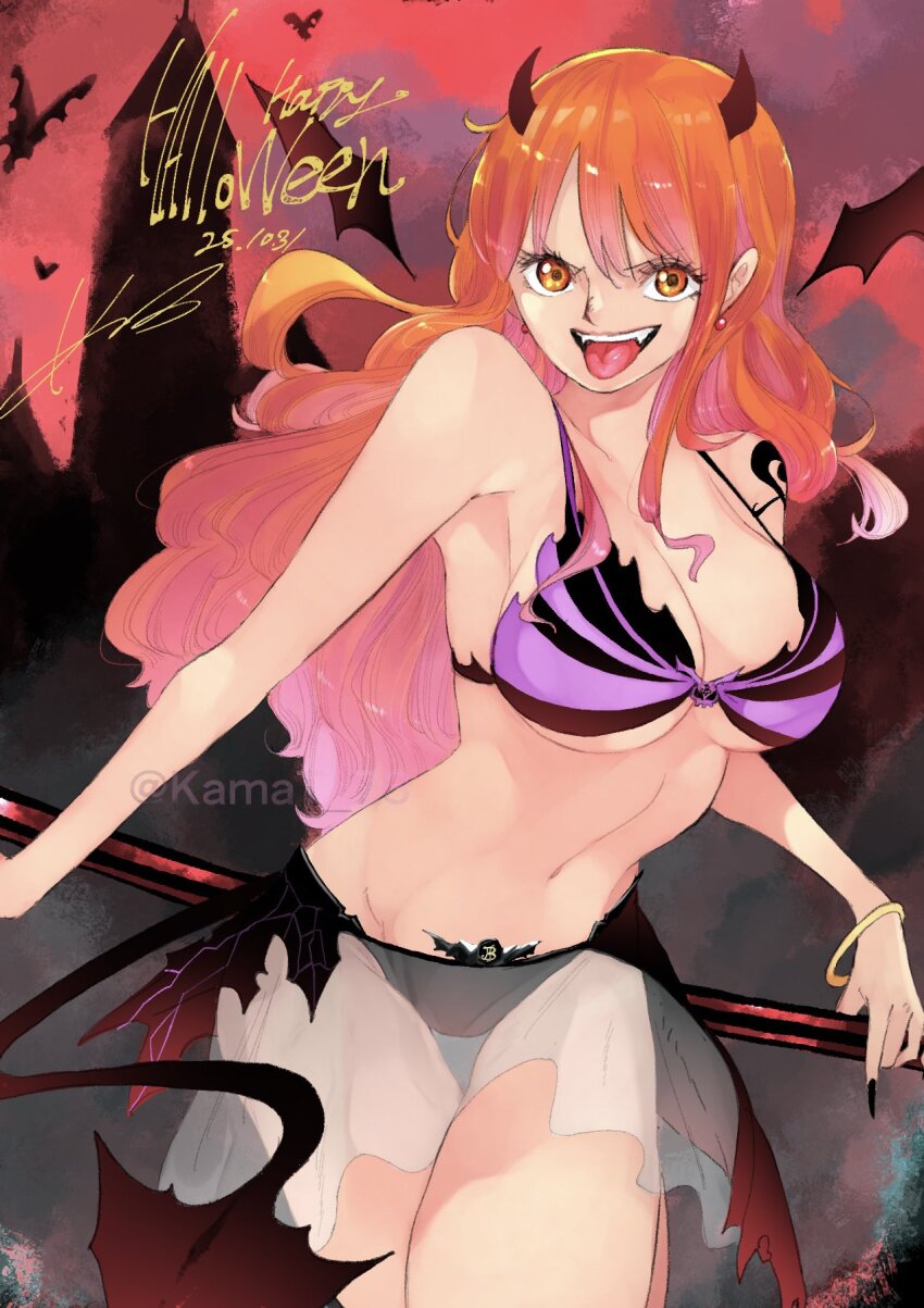 1girl alternate_costume bangle bare_shoulders bat_(animal) bikini black_bikini black_nails bracelet breasts cleavage cloud cloudy_sky commentary cowboy_shot dated demon_horns demon_tail demon_wings detached_wings earrings fangs halloween halloween_costume happy_halloween highres holding holding_staff horns jewelry kamat_73 large_breasts long_hair looking_at_viewer multicolored_bikini nail_polish nami_(one_piece) navel one_piece open_mouth orange_eyes orange_hair purple_bikini red_sky see-through_clothes see-through_skirt shoulder_tattoo signature single_sidelock skirt sky solo staff stomach swimsuit symbol-only_commentary tail tattoo thighs tongue tongue_out twitter_username two-tone_bikini wavy_hair wings