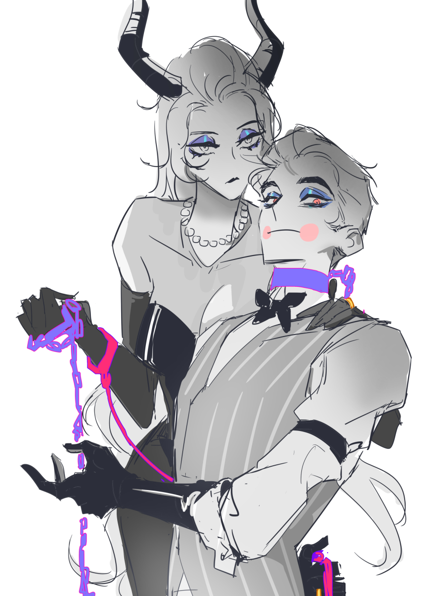 1boy 1girl absurdres breasts couple demon demon_boy demon_girl demon_horns dress hazbin_hotel highres horns husband_and_wife large_breasts lilith_(hazbin_hotel) long_hair lucifer_morningstar_(hazbin_hotel) nicholas_moh very_long_hair
