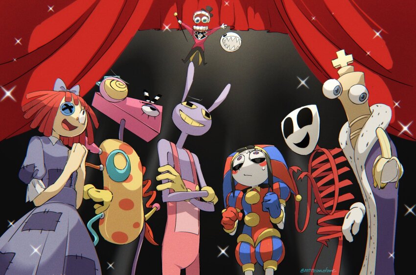 1other 3girls 4boys animal_ears asymmetrical_eyes asymmetrical_gloves banana black_hair blue_gloves blush bubble bubble_(the_amazing_digital_circus) button_eyes buttons caine_(the_amazing_digital_circus) cane chess_piece colored_sclera colored_teeth crossed_arms curtains disembodied_hand doll dress floating food formal_clothes fruit fur-trimmed_robe fur_trim gangle_(the_amazing_digital_circus) gloves green_eyes grey_eyes grin hand_on_own_hip hat heterochromia highres holding holding_cane holding_food jax_(the_amazing_digital_circus) jester jester_cap jester_costume king_(chess) kinger_(the_amazing_digital_circus) mask medium_hair multicolored_clothes multicolored_eyes multiple_boys multiple_girls overalls patchwork_clothes pomni_(the_amazing_digital_circus) puffy_sleeves purple_dress purple_robe rabbit_ears ragatha_(the_amazing_digital_circus) red_curtains red_gloves red_hair red_ribbon ribbon robe sharp_teeth single_wing smile sonokare suit sweat sweatdrop teeth the_amazing_digital_circus top_hat wings yellow_gloves yellow_sclera yellow_teeth zooble_(the_amazing_digital_circus)