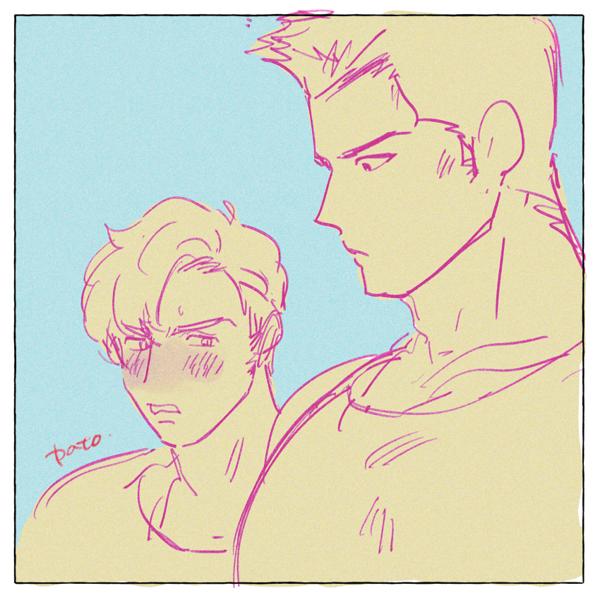 2boys ao_isami bara blush couple facial_hair from_side girl_staring_at_guy&#039;s_chest_(meme) highres ice_nomu large_pectorals lewis_smith looking_at_another looking_at_pectorals looking_down male_focus medium_sideburns meme multiple_boys multiple_monochrome muscular muscular_male pectorals sideburns_stubble stubble thick_eyebrows unfinished upper_body yaoi yuuki_bakuhatsu_bang_bravern