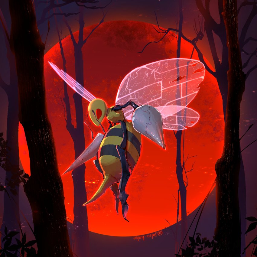 absurdres animal_focus bare_tree bee beedrill bug commentary_request crack flying full_body gen_1_pokemon highres insect jako_(boke_poke) looking_down moon nintendo no_humans outdoors pokemon pokemon_(creature) pokemon_focus red_eyes red_moon solo tree twitter_username