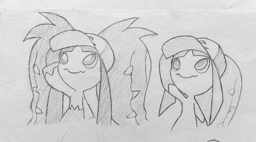 1girl adjusting_clothes adjusting_headwear arm_up ash_ketchum ash_ketchum_(cosplay) baseball_cap big_hair closed_mouth clothed_pokemon cosplay cropped_torso extra_mouth female_focus flat_chest gen_3_pokemon greyscale hat long_hair looking_up mawaifu mawile mega_mawile mega_pokemon monochrome multiple_views nintendo pokemon pokemon_(anime) pokemon_(classic_anime) pokemon_(creature) ponytail sharp_teeth sidelocks simple_background sketch teeth upper_body white_background