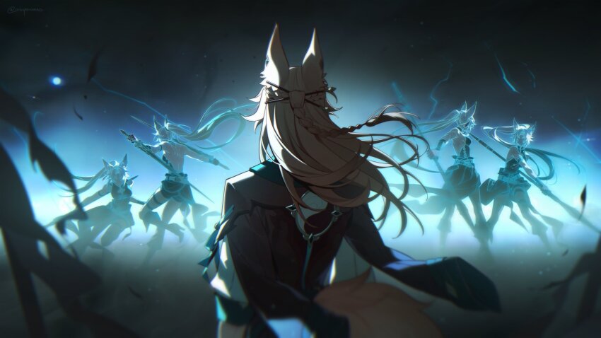 1boy 1girl animal_ears back_tattoo backless_shirt bare_shoulders black_gloves black_shorts blue_shirt boots braid chinese_clothes commentary english_commentary faceless faceless_female facing_away feixiao_(honkai:_star_rail) fighting_stance fox_boy fox_ears fox_girl fox_tail from_behind full_body gloves hair_ornament hair_stick half_updo high_heel_boots high_heels high_ponytail highres holding holding_polearm holding_sword holding_weapon honkai:_star_rail honkai_(series) jacket jacket_on_shoulders jiaoqiu_(honkai:_star_rail) long_hair multiple_views no_coat parted_bangs pink_hair polearm ponytail red_jacket reverse_grip shirt shorts sidelighting spear sword tail tattoo thigh_strap torn_flag upper_body very_long_hair waist_cape weapon weyowang white_hair yin_yang yin_yang_print