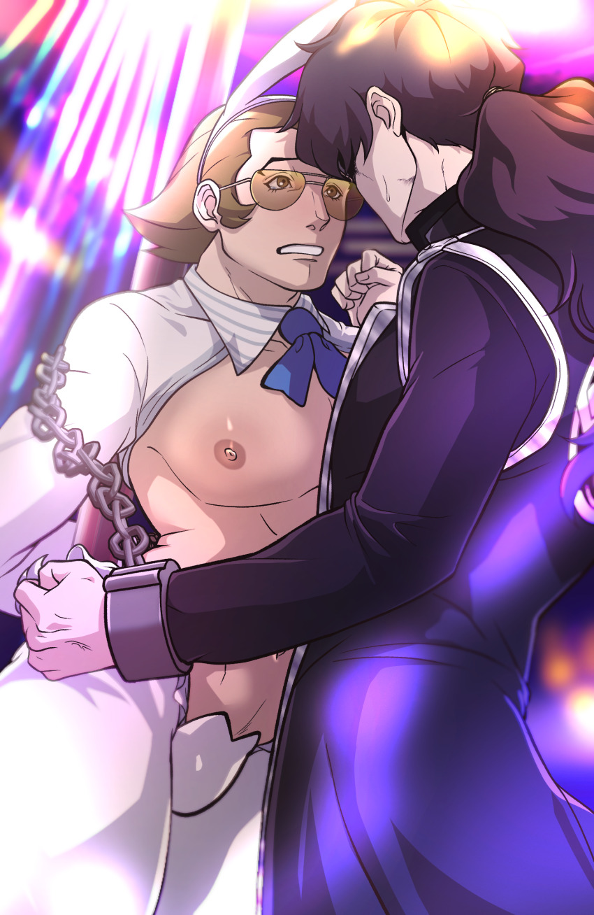 2boys absurdres ace_attorney animal_ears black_coat black_hair black_shirt blue_necktie bobby_fulbright bound bound_wrists brown_hair chain coat cuffs eyes_visible_through_eyewear facial_mark fake_animal_ears hands_up highres long_hair looking_at_another low_ponytail male_focus male_playboy_bunny meme_attire multiple_boys navel necktie nipples orange-tinted_eyewear pants pectorals phoenix_wright:_ace_attorney_-_dual_destinies ponytail rabbit_ears reverse_bunnysuit reverse_outfit sano_(hospital_0434) shackles shirt short_hair simon_blackquill sleeveless sleeveless_coat sweat teeth tinted_eyewear white_pants yaoi