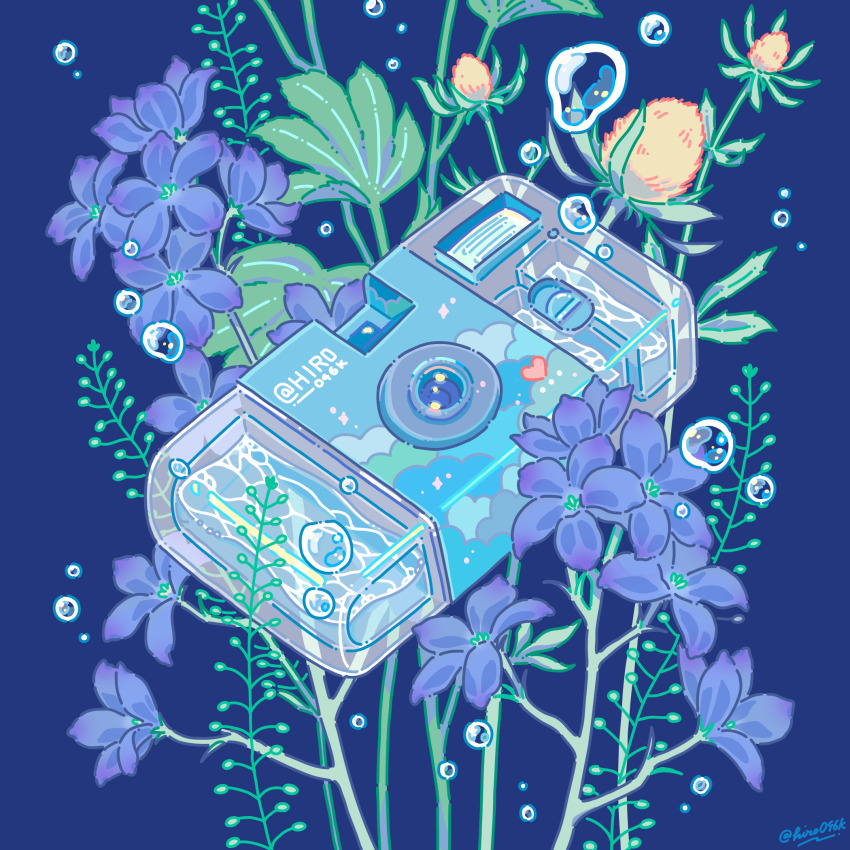 blue_background blue_flower bubble bud camera commentary_request fern flower heart highres hiro046k no_humans object_focus original signature simple_background water
