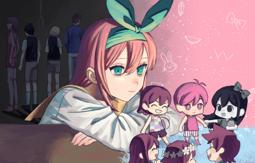 6+boys 6+girls :d ^_^ alternate_hair_color alternate_universe antenna_hair aqua_eyes aqua_hairband aubrey_(faraway)_(omori) aubrey_(headspace)_(omori) aubrey_(omori) bags_under_eyes ball bare_arms bare_shoulders basil_(faraway)_(omori) basil_(headspace)_(omori) basil_(omori) beachball black_eyes black_hair black_sweater_vest blonde_hair blue_shirt bow bow_hairband bright_pupils brother_and_sister brothers brown_background brown_hair brown_shorts chibi closed_eyes closed_mouth colored_skin commentary_request crossed_arms double-parted_bangs empty_eyes flower flower_wreath food forest_bunny_(omori) fruit full_body gradient_background green_bow grin hair_between_eyes hairband head_wreath hero_(faraway)_(omori) hero_(headspace)_(omori) hero_(omori) highres holding holding_ball holding_beachball holding_stuffed_toy jacket kel_(faraway)_(omori) kel_(headspace)_(omori) kel_(omori) long_hair long_sleeves looking_at_another mari_(headspace)_(omori) mari_(omori) mr._plantegg_(omori) multiple_boys multiple_girls no_pupils noose omori omori_(omori) open_mouth orange_shorts pink_background portrait purple_eyes purple_hair purple_tank_top sailor_collar shirt short_sleeves shorts shousan_(hno3syo) siblings simple_background smile solo_focus stuffed_eggplant stuffed_toy sunny_(omori) sweater_vest table tank_top teeth upper_teeth_only v-shaped_eyebrows watermelon white_flower white_jacket white_shirt white_skin yellow_sailor_collar