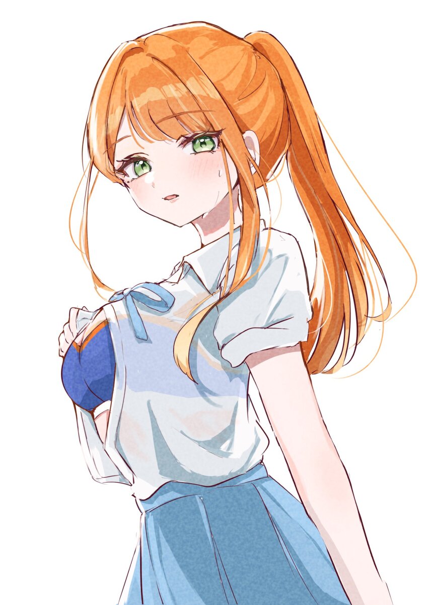 1girl :o blue_ribbon blue_skirt blue_sports_bra blush breasts gakuen_idolmaster green_eyes hatsuboshi_gakuen_school_uniform highres idolmaster long_hair looking_at_viewer maruno_zzz medium_breasts mole mole_under_eye neck_ribbon open_clothes open_shirt orange_hair ponytail ribbon school_uniform shirt shirt_tucked_in shiun_sumika short_sleeves simple_background skirt solo sports_bra sports_bra_visible_through_clothes sweat white_background white_shirt