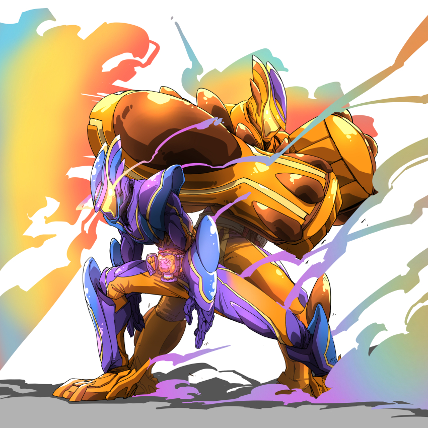 1boy absurdres arm_up armor dual_persona gochipod henshin_belt_gavv highres kamen_rider kamen_rider_gavv kamen_rider_gavv_(series) kamen_rider_gavv_master_mode kamen_rider_gavv_over_mode naitsupic orange_armor power_fist purple_armor smoke smoke_trail squatting tokusatsu