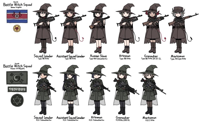 6+girls assault_rifle black_gloves black_hair black_pantyhose black_socks black_thighhighs boots brown_boots brown_hat brown_jacket closed_mouth commentary daewoo_k1 daewoo_k2 dark-skinned_female dark_skin demon_girl demon_horns demon_tail english_commentary english_text facial_mark fingerless_gloves flat_cap gloves grey_hair grey_hat grey_jacket gun hair_between_eyes hat hexagram highres holding holding_gun holding_weapon horns jacket karepack korean_text multiple_girls north_korean_flag orb original pantyhose pentagram pointy_ears ppsh-41 red_eyes rifle simple_background socks south_korean_flag star_(symbol) star_of_david submachine_gun tail thighhighs torn_clothes torn_jacket translation_request trigger_discipline type_88_(assault_rifle) type_98_machine_gun weapon weapon_request whisker_markings white_background witch_hat yin_yang yin_yang_orb