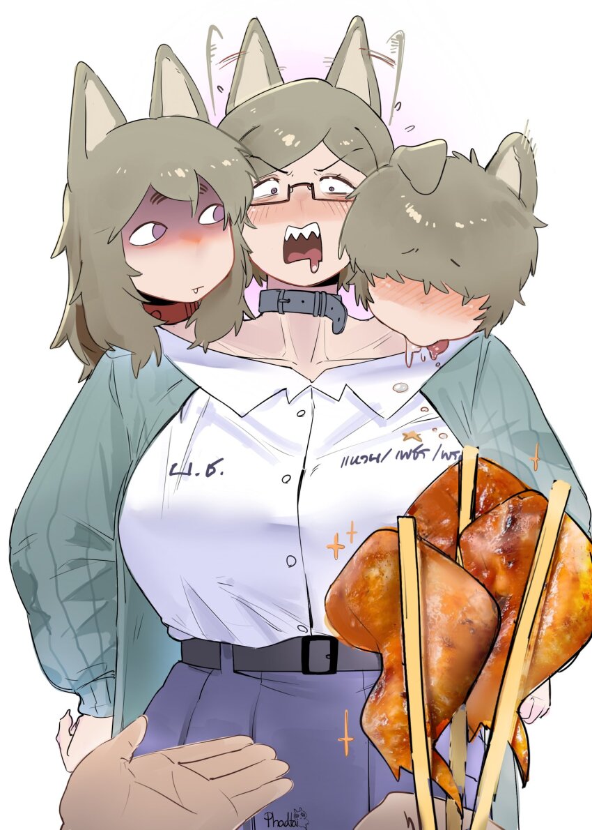 animal_ears blush cerberus chopsticks collar collarbone collared_shirt conjoined dog_ears dog_girl drooling droopy_ears ear_wiggle food hair_over_eyes highres maikamiaka multiple_girls multiple_heads original pov pov_hands shaded_face shirt skirt white_background
