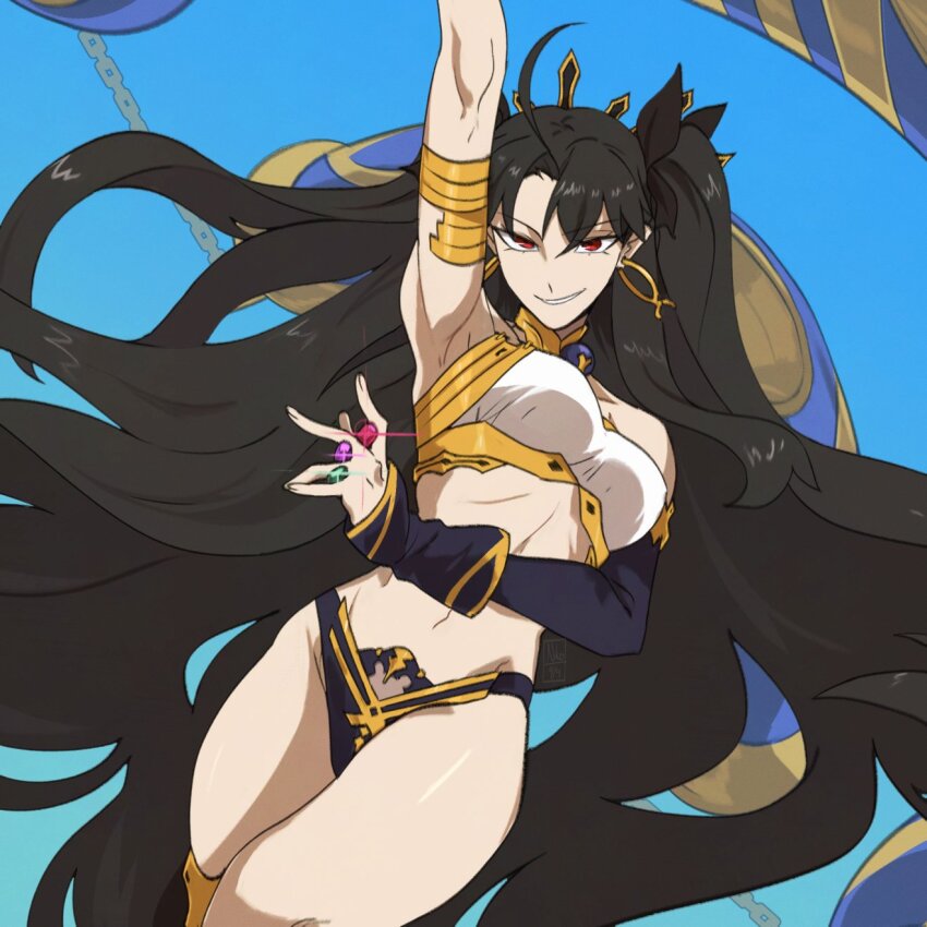 1girl absurdly_long_hair arm_up arm_warmers armlet asymmetrical_legwear asymmetrical_sleeves bare_shoulders black_hair blue_sky breasts cleavage day detached_sleeves earrings elbow_gloves fate/grand_order fate_(series) floating gloves grin highres hoop_earrings ishtar_(fate) jewelry kamuify long_hair long_legs looking_at_viewer medium_breasts outdoors red_eyes revealing_clothes single_detached_sleeve single_elbow_glove single_thighhigh sky smile solo thighhighs thong tiara two_side_up uneven_legwear very_long_hair wide_hips yu_ruo