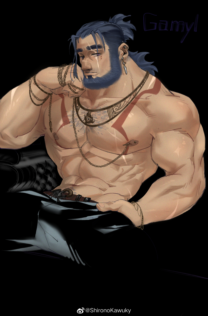 1boy abs absurdres bara barbell_piercing blue_hair broad_shoulders chest_hair chest_tattoo dark_blue_hair earrings elbow_rest facial_mark high_ponytail highres jewelry kawuky large_hands large_pectorals looking_at_viewer low_ponytail male_focus muscular muscular_male navel navel_hair nipple_piercing nipples original pectorals piercing ponytail purple_eyes single_nipple_piercing solo stomach tattoo thick_eyebrows topless_male tribal v-taper