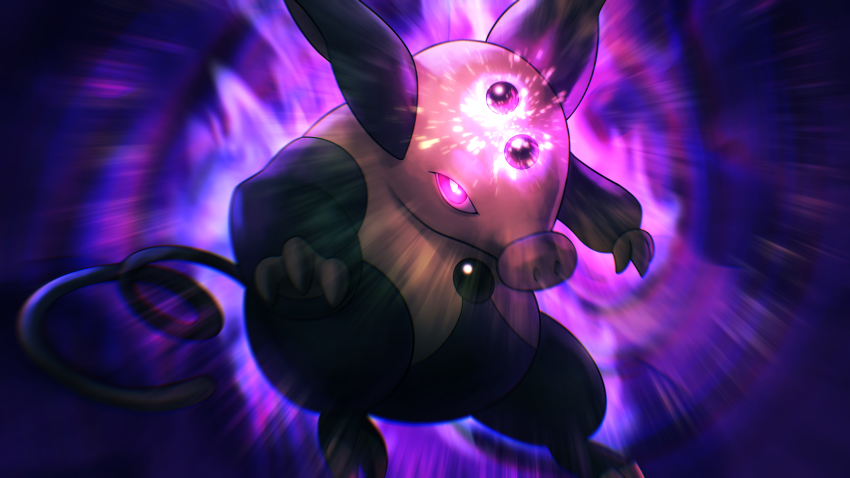 absurdres alternate_color blurry bright_pupils commentary gen_3_pokemon glowing grumpig higa-tsubasa highres looking_at_viewer nintendo no_humans pokemon pokemon_(creature) purple_eyes shiny_pokemon solo white_pupils