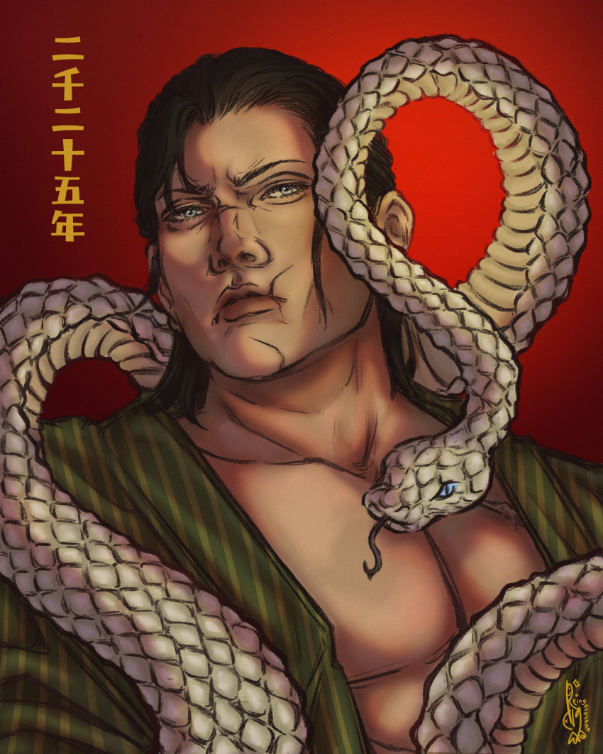 1boy absurdres highres male_focus muscular muscular_male pectoral_cleavage pectorals photoshop_(medium) pingurusama red_background scar scar_on_chest scar_on_face sergei_dragunov snake tekken tekken_5 tekken_6 tekken_7 tekken_8 tekken_tag_tournament_2 toned toned_male