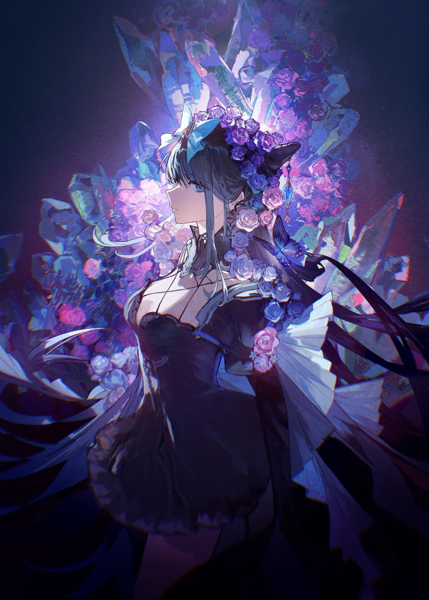 1girl arcaea black_dress black_hair black_sleeves blue_bow blue_eyes blue_flower blue_rose bow breasts commentary cone_hair_bun cowboy_shot crystal double_bun dress earrings english_commentary expressionless flower frilled_dress frills hair_bow hair_bun hair_flower hair_ornament highres jewelry lobelia_(saclia) long_hair long_sleeves looking_at_viewer low_neckline medium_breasts pink_flower pink_rose purple_flower purple_rose rose solo standing tairitsu_(arcaea) tairitsu_(tempest)_(arcaea) too_many_flowers