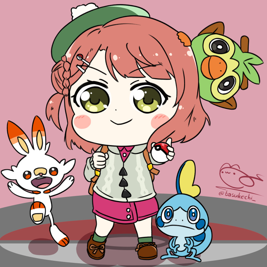 1girl artist_name artist_request backpack bag bare_legs basukechi beret blush braid braided_bun breasts brown_footwear chibi collared_dress cosplay dress female_focus full_body gen_8_pokemon gloria_(pokemon) gloria_(pokemon)_(cosplay) green_eyes green_hat grey_sweater grookey hair_bun hair_ornament hairclip hat highres holding holding_poke_ball long_sleeves looking_at_viewer love_live! love_live!_nijigasaki_high_school_idol_club miniskirt nintendo orange_hair parted_lips pink_dress pink_skirt plaid_clothes plaid_dress plaid_skirt pleated pleated_dress pleated_skirt poke_ball poke_ball_hair_ornament pokemon pokemon_(creature) pokemon_swsh purple_background red_hair scorbunny short_hair side_bun single_side_bun skirt smile sobble solo standing sweater uehara_ayumu yellow_eyes