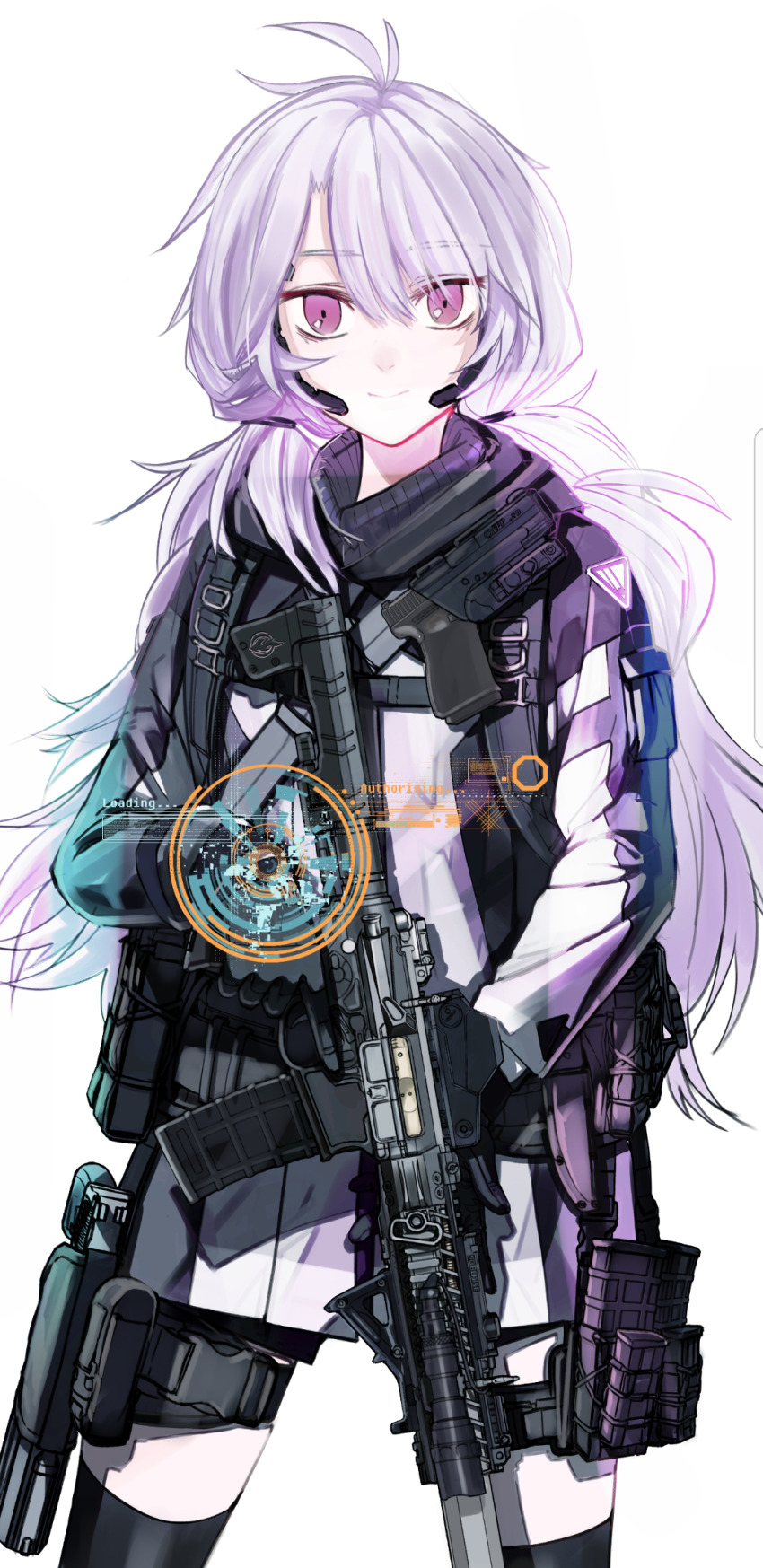 1girl ahoge assault_rifle black_thighhighs female_focus flashlight glock gun handgun highres holding holding_gun holding_weapon holographic_interface holographic_weapon_sight holster holstered load_bearing_equipment long_hair looking_at_viewer magazine_(weapon) military nurim original pistol purple_eyes purple_hair reflector_sight rifle sight_(weapon) solo tactical_light thigh_holster thighhighs trigger_discipline weapon weapon_request white_background
