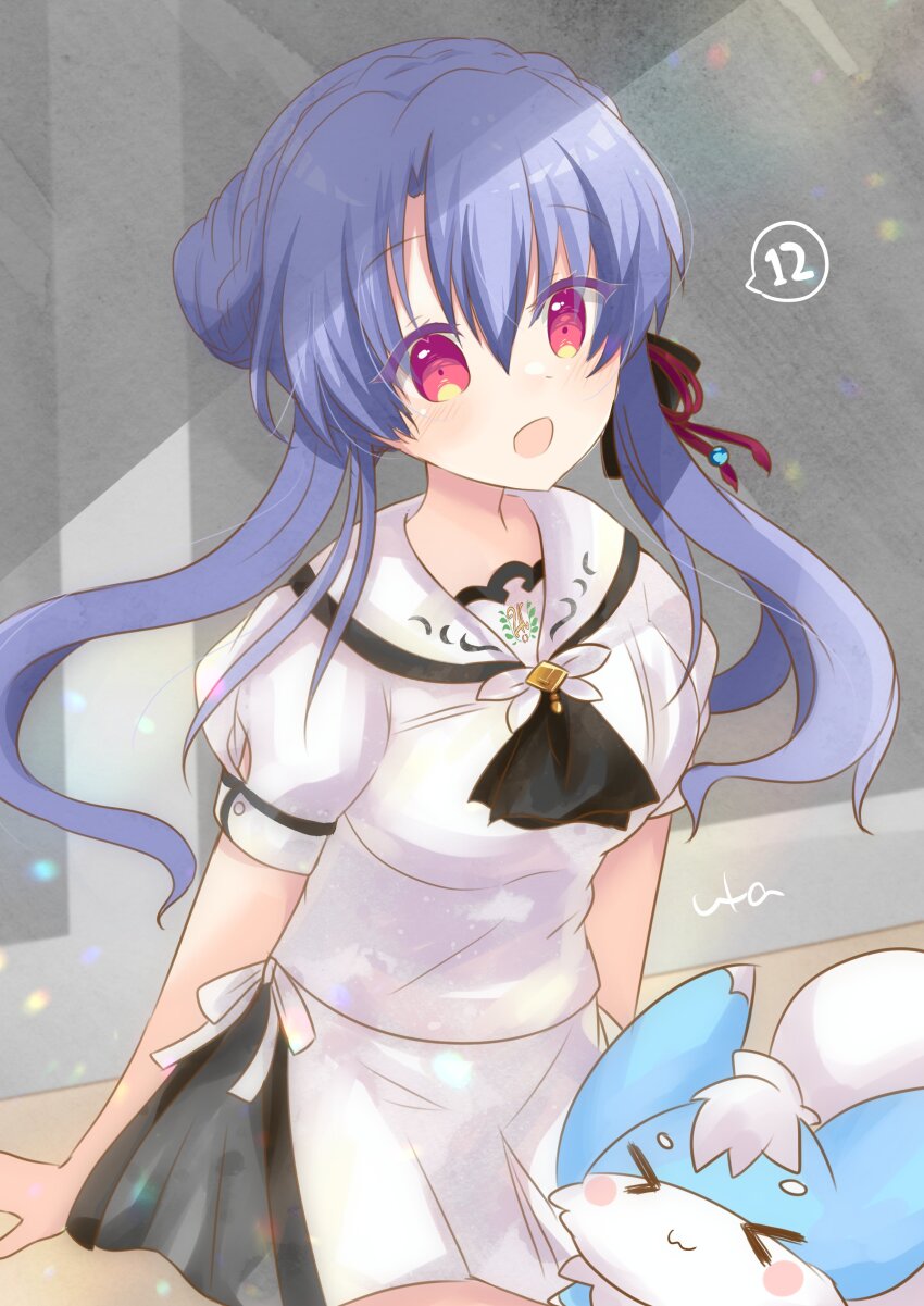 &gt;_&lt; 1girl :3 :d absurdres animal_ears arms_at_sides ascot black_bow blue_ascot blue_hair blush blush_stickers bow braid closed_mouth commentary_request cowboy_shot crown_braid episode_number floating_hair hair_bow hair_bun highres inari_(summer_pockets) long_hair looking_at_viewer miniskirt open_mouth puffy_short_sleeves puffy_sleeves red_eyes sailor_collar school_uniform serafuku shirt short_sleeves sidelocks signature single_hair_bun sitting skirt smile solo sorakado_ao speech_bubble summer_pockets summer_pockets_school_uniform ura_(ura-tennislove) white_sailor_collar white_serafuku white_shirt white_skirt