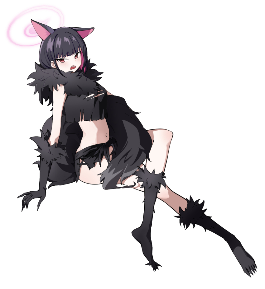 1girl adon_(dufaladanidu) animal_ears arm_support black_claws black_gloves black_hair black_scarf black_skirt black_socks black_tail blue_archive blunt_bangs cat_ears colored_inner_hair crossed_legs dutch_angle extra_ears fake_claws fake_tail frown full_body fur-trimmed_gloves fur-trimmed_socks fur_scarf fur_trim gloves halloween_costume halo highres kazusa_(blue_archive) kazusa_(halloween)_(blue_archive) kneehighs looking_at_viewer miniskirt multicolored_hair navel no_shoes official_alternate_costume open_mouth pink_hair pink_halo red_eyes scarf short_hair simple_background sitting skirt slit_pupils socks solo tail teeth upper_teeth_only werewolf_costume white_background wolf_tail