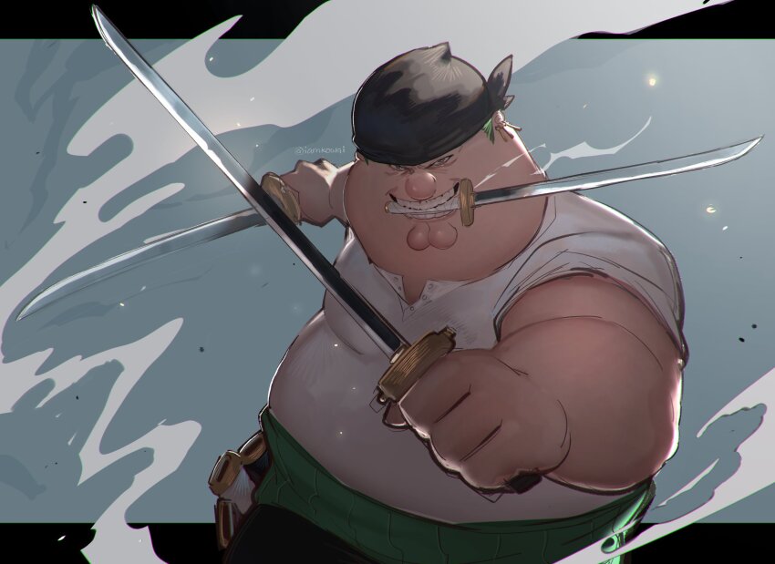 1boy bandana black_bandana brown_eyes cleft_chin cosplay earrings family_guy fat fat_man green_hair highres holding holding_sword holding_weapon jewelry katana kowai_(iamkowai) looking_at_viewer male_focus mouth_hold multiple_earrings one_piece peter_griffin roronoa_zoro roronoa_zoro_(cosplay) shirt solo sword teeth teeth_hold triple_wielding weapon weapon_in_mouth white_shirt