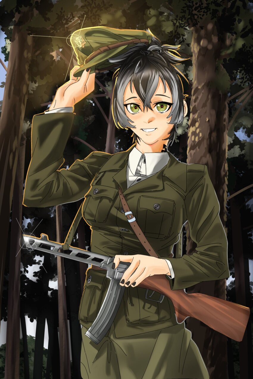 1girl arm_up black_nails blue_sky brown_hair buttons day forest green_eyes green_jacket gun hair_between_eyes hat high_ponytail highres historical_connection holding holding_gun holding_unworn_clothes holding_unworn_hat holding_weapon jacket kaiba47 khrystyna_karpenko long_sleeves military military_hat military_jacket military_uniform multicolored_hair nature neck_tattoo original outdoors petliurivka ponytail shirt sky smile soldier streaked_hair tattoo teeth tree tryzub ukraine ukrainian_insurgent_army unworn_hat unworn_headwear weapon weapon_request white_hair white_shirt world_war_ii
