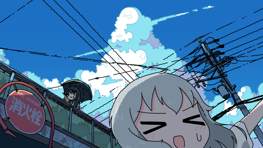 &gt;_&lt; 2girls absurdres black_hair closed_eyes cloud cumulonimbus_cloud day emesan_desu green_eyes grey_hair highres holding holding_umbrella long_hair multiple_girls open_mouth original outdoors power_lines scenery sky summer sweat umbrella utility_pole