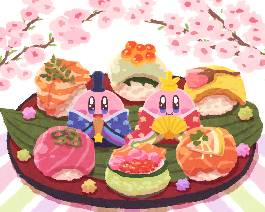 :d :i blue_hat blue_kimono blush_stickers cherry_blossoms closed_mouth colored_skin commentary fish_(food) folded_fan folding_fan food hand_fan hat hinamatsuri holding holding_fan japanese_clothes kimono kirby kirby_(series) looking_at_viewer miclot nintendo no_humans open_mouth pink_skin red_carpet red_kimono sashimi smile yellow_hat