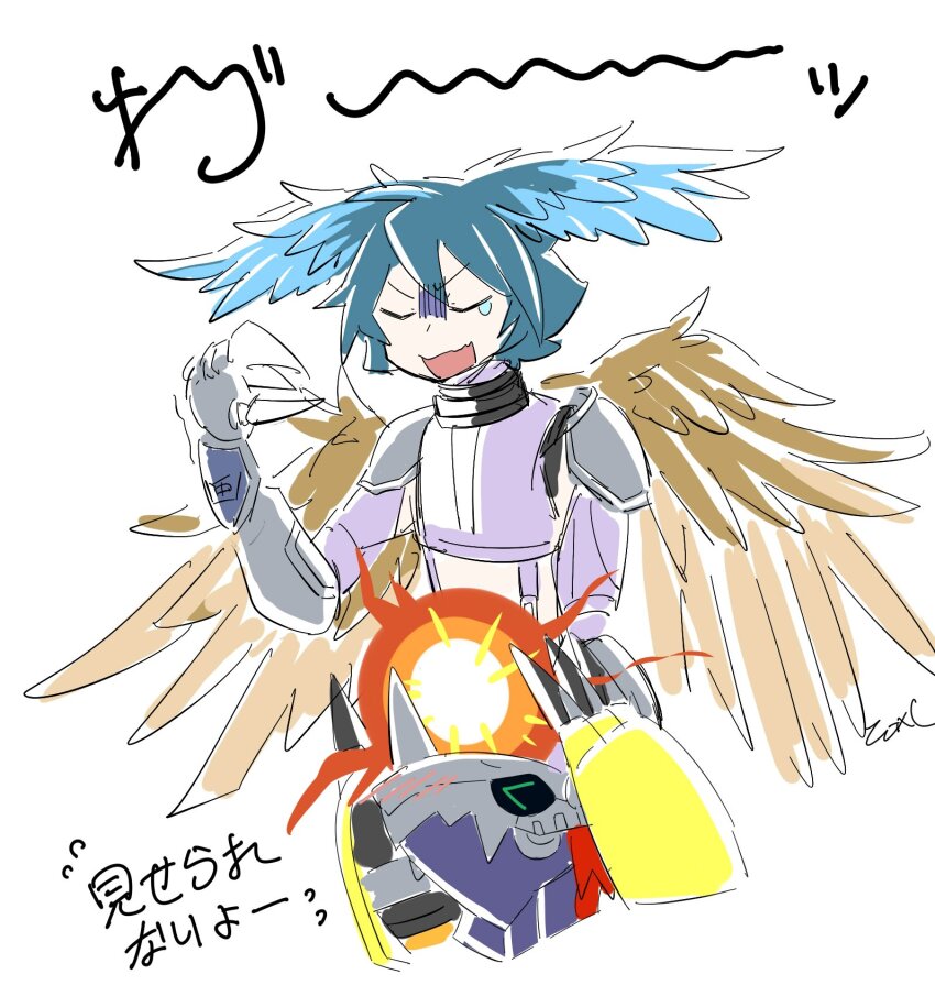1boy 1girl armor blue_hair claws closed_eyes cosplay digimon digimon_(creature) highres shutumon shutumon_(cosplay) taiga_(digimon) wargreymon wings