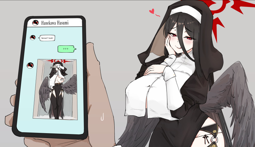 1girl absurdres alternate_costume black_hair black_panties black_wings blue_archive breasts cheng_anderson chinese_commentary coif feathered_wings grey_background hair_between_eyes halo hand_on_own_cheek hand_on_own_chest hand_on_own_face hasumi_(blue_archive) highres large_breasts licking_lips long_hair looking_at_viewer mole mole_under_eye naughty_face nun panties red_eyes red_halo sexting shirt_overhang side-tie_panties simple_background smile text_messaging tongue tongue_out underwear wings