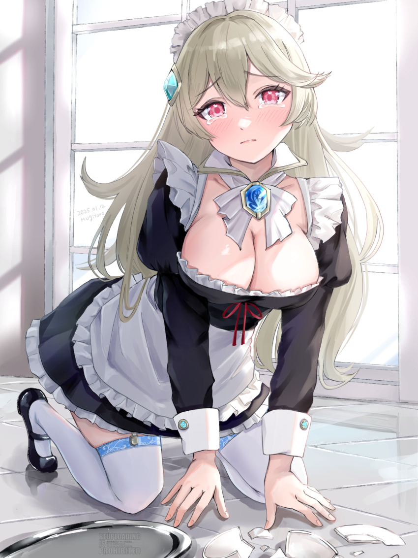 1girl alternate_costume apron artist_name black_dress blush breasts broken_plate cleavage closed_mouth commentary_request corrin_(female)_(fire_emblem) corrin_(fire_emblem) dated double-parted_bangs dress enmaided eyelashes fire_emblem fire_emblem_fates frown furrowed_brow grey_hair heart heart_in_eye highres indoors large_breasts looking_at_viewer maid maid_apron mugitoro_(dsfv2277) nintendo plate red_eyes red_pupils sad sitting solo symbol_in_eye tearing_up thighhighs white_apron white_thighhighs