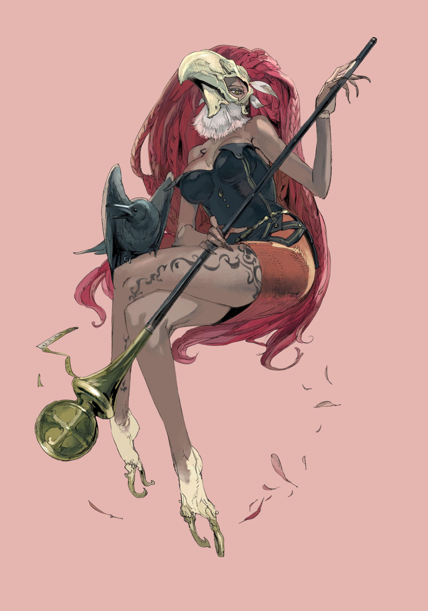 1girl absurdres beak bird corset crow dark-skinned_female dark_skin female_focus highres long_hair official_art red_hair shami_ariana simple_background sin_and_punishment sin_and_punishment:star_successor skirt solo staff suzuki_yasushi tattoo treasure_(developer) tsumi_to_batsu:_sora_no_koukeisha