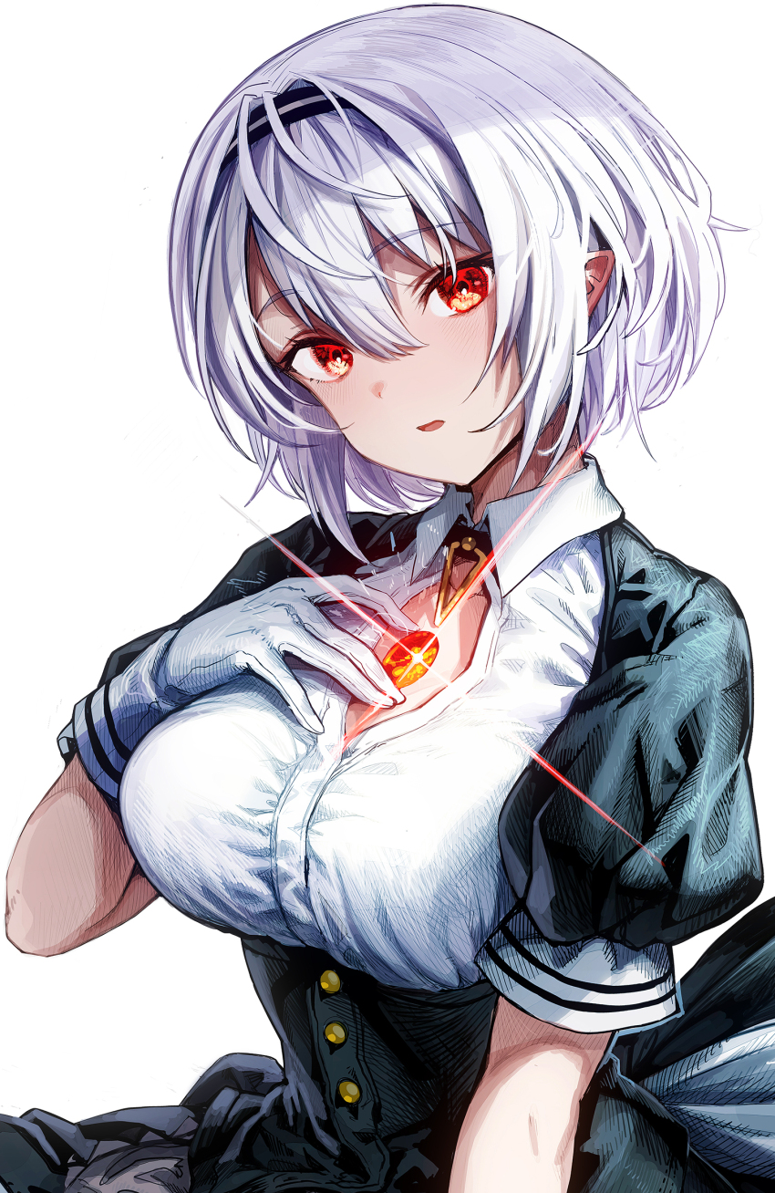1girl black_dress breasts button_gap chest_jewel choker collared_shirt commentary_request dress gibagiba gleam gloves hairband hand_on_own_chest highres homunculus jewelry large_breasts looking_at_viewer original pendant pointy_ears puffy_short_sleeves puffy_sleeves shirt short_hair short_sleeves solo upper_body white_background white_shirt