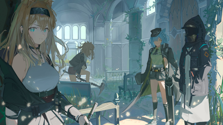 1other 3girls absurdres animal_ear_fluff animal_ears aqua_eyes arknights bare_shoulders black_choker black_hairband black_hat black_jacket blonde_hair blue_hair breasts cat_ears cat_girl chinese_commentary choker cleavage closed_mouth coat collared_shirt commentary_request delphine_(arknights) doctor_(arknights) extra_ears fashi_laizi_weilai gloves green_shirt grey_shirt grey_sports_bra hair_between_eyes hair_over_one_eye hairband hand_in_pocket hat highres holding hood hood_up hooded_jacket horn_(arknights) indoors jacket lion_ears lion_girl long_hair long_sleeves looking_at_viewer multiple_girls one_eye_covered peaked_cap red_shorts shirt short_hair shorts siege_(arknights) sports_bra tank_top tilted_headwear war_hammer weapon white_coat wide_shot wolf_ears wolf_girl yellow_eyes