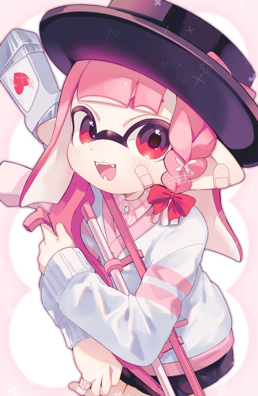 1girl bandaid bandaid_on_face black_hat black_skirt braid braided_sidelock commentary_request dot_nose gun hat heart heart_in_eye highres holding holding_gun holding_weapon inkling inkling_girl inkling_player_character long_hair long_sleeves looking_at_viewer nintendo open_mouth pink_background pink_hair pink_trim pleated_skirt pointy_ears red_eyes sabata_saba single_braid skirt sleeves_past_wrists smile solo splatoon_(series) splatoon_3 squiffer_(splatoon) standing symbol_in_eye teeth tentacle_hair two-tone_background weapon white_background