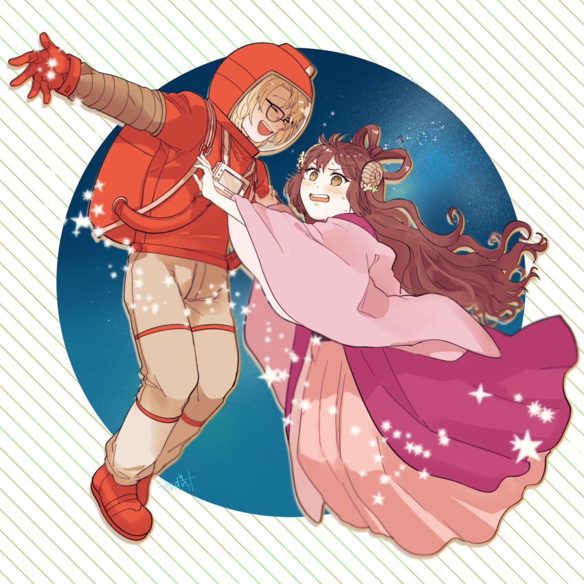 2girls absurdres alternate_hairstyle artist_request astronaut blonde_hair brown_eyes brown_hair fate/grand_order fate_(series) fossil_hair_ornament glasses helmet highres learning_with_manga!_fgo mary_anning_(fate) multiple_girls paul_bunyan_(fate) short_hair smile space_helmet spacesuit super_bunyan_(fate) super_bunyan_(first_ascension)_(fate) white_background